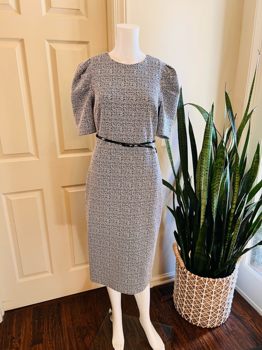 Karl Lagerfeld Tweed Sheath Dress Black White Belted Work Office